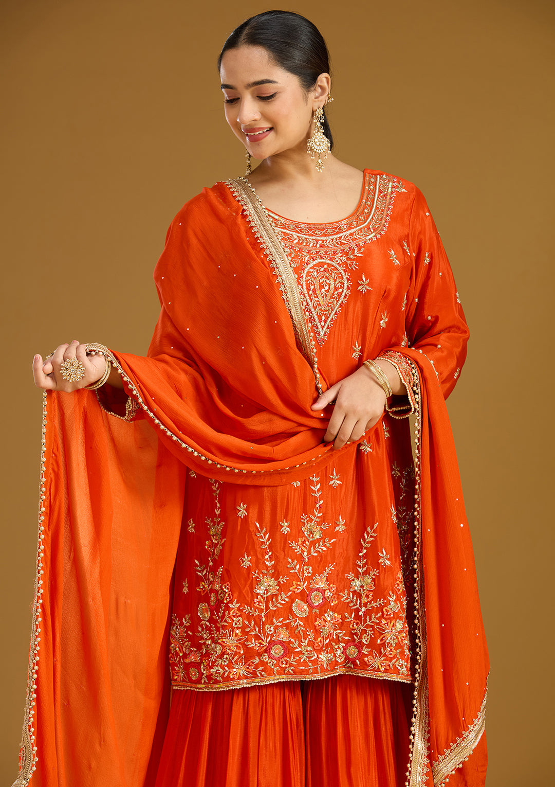 Rust Chinon Threadwork Straight Kurta With Drape Skirt And Dupatta