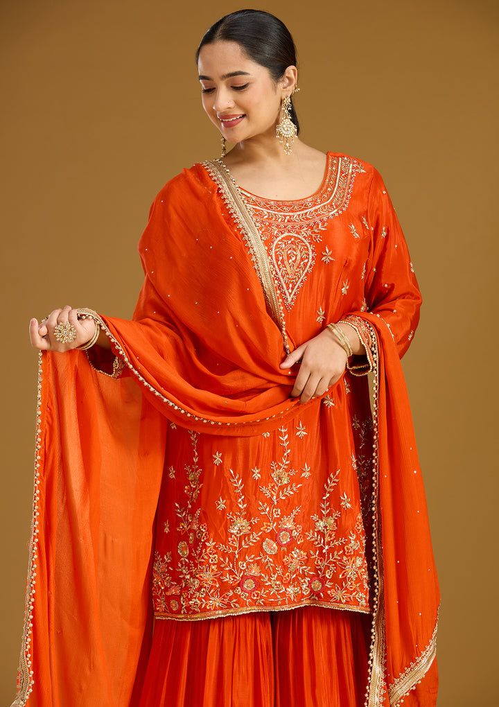 Rust Chinon Threadwork Straight Kurta With Drape Skirt And Dupatta