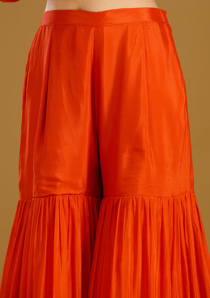 Rust Chinon Threadwork Straight Kurta With Drape Skirt And Dupatta