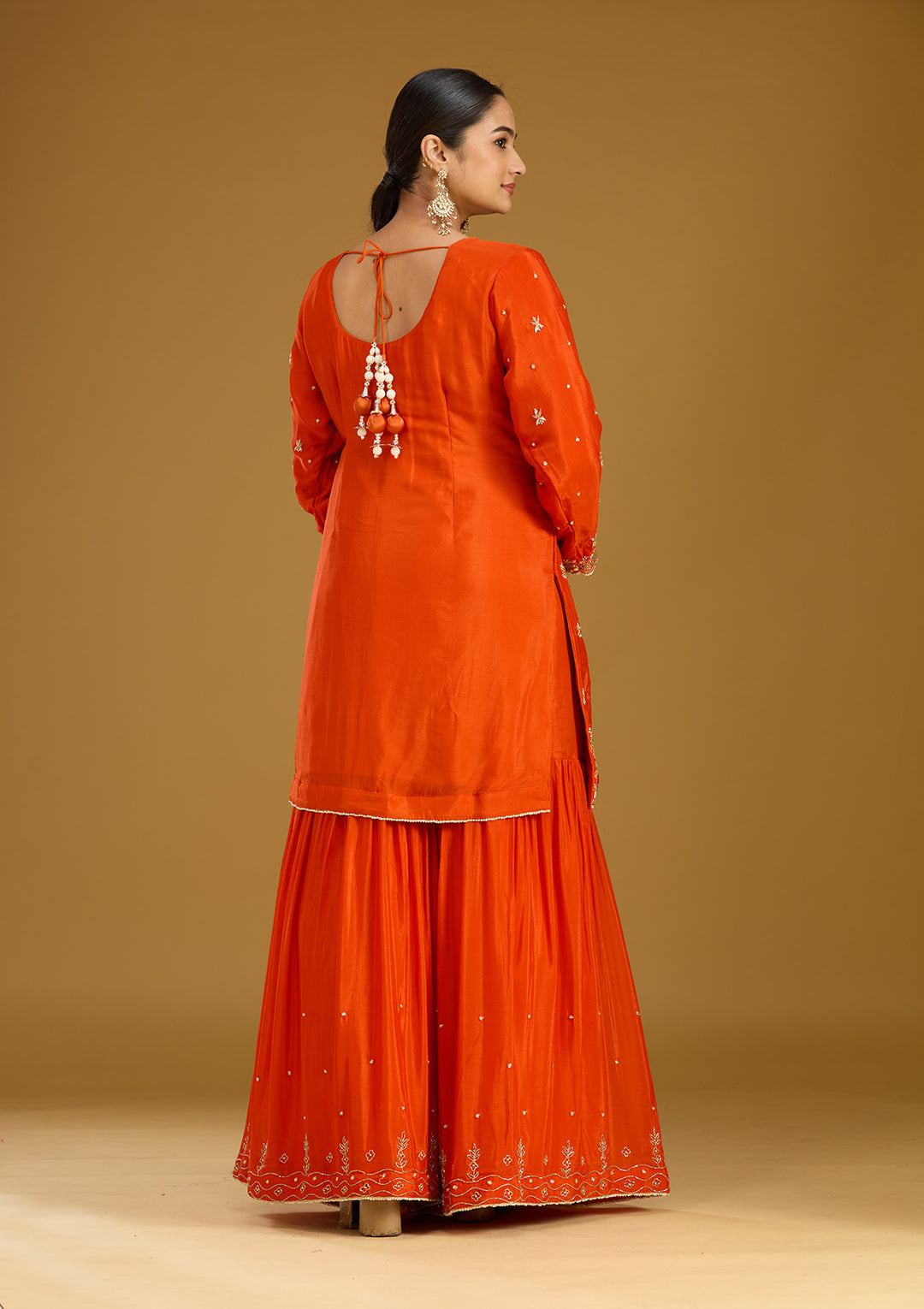 Rust Chinon Threadwork Straight Kurta With Drape Skirt And Dupatta