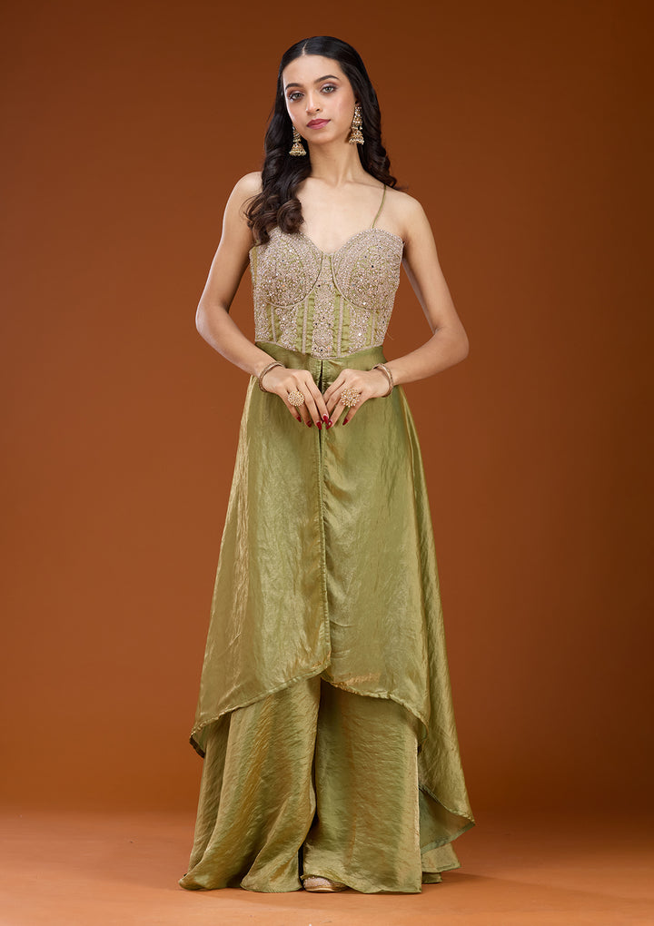 Mehandi Green Satin Gold Zariwork High Low Kurta With Sharara And Dupatta