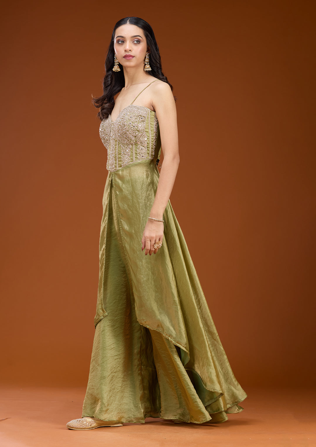 Mehandi Green Satin Gold Zariwork High Low Kurta With Sharara And Dupatta