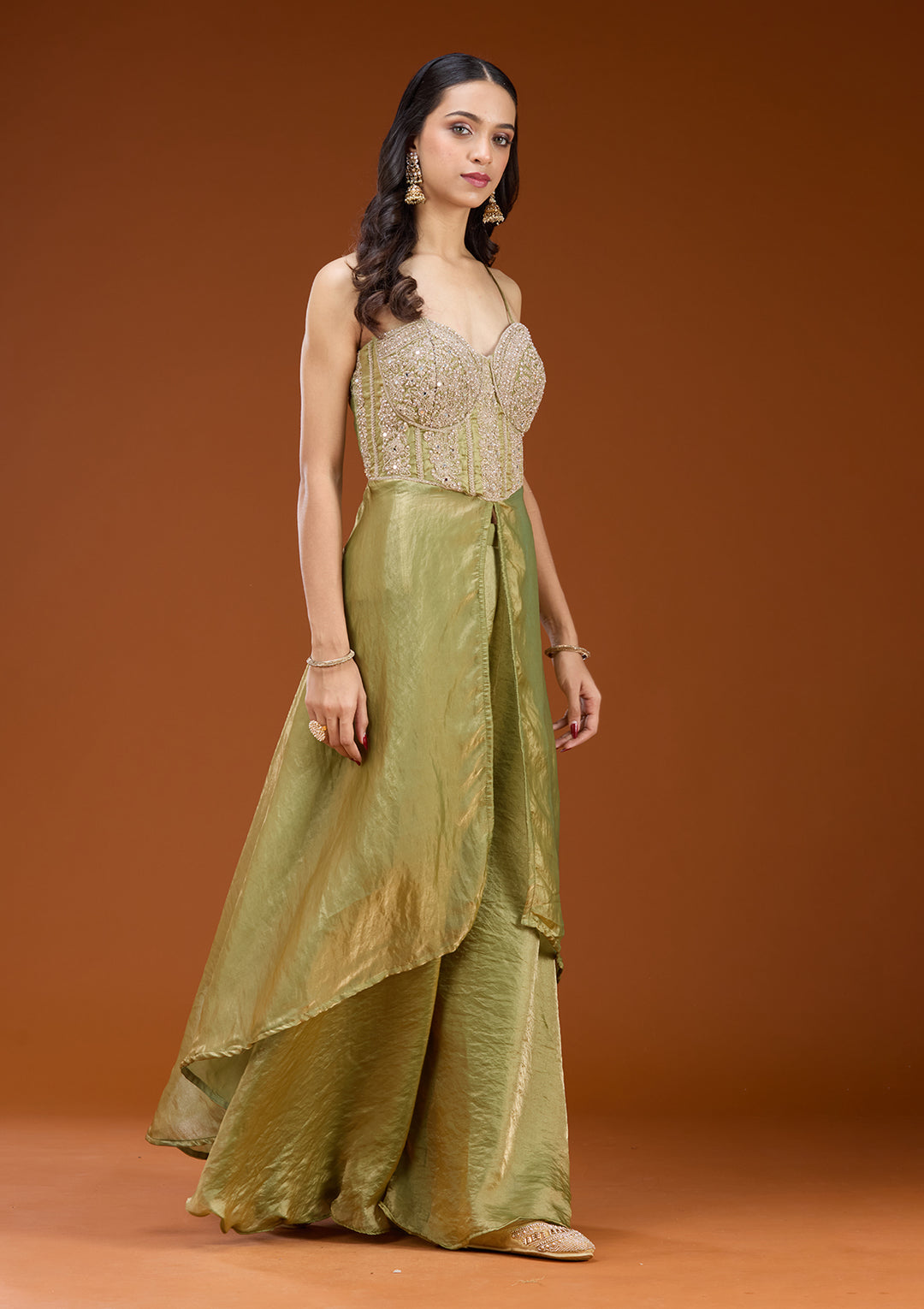 Mehandi Green Satin Gold Zariwork High Low Kurta With Sharara And Dupatta