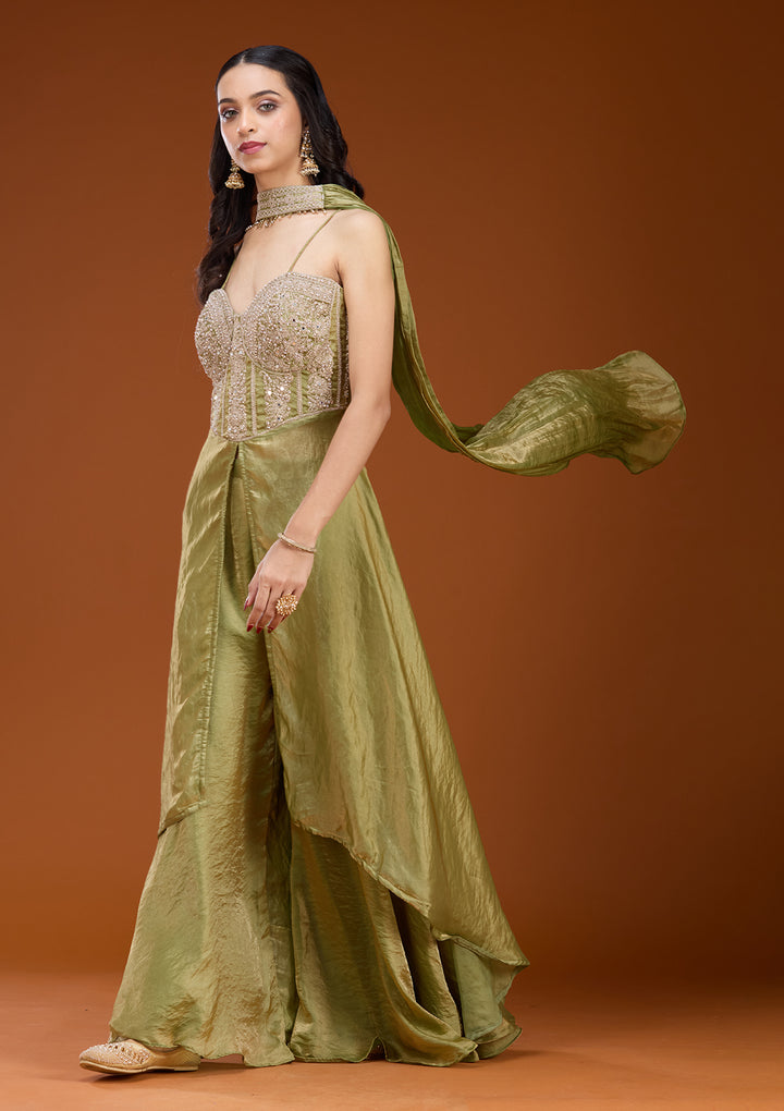 Mehandi Green Satin Gold Zariwork High Low Kurta With Sharara And Dupatta