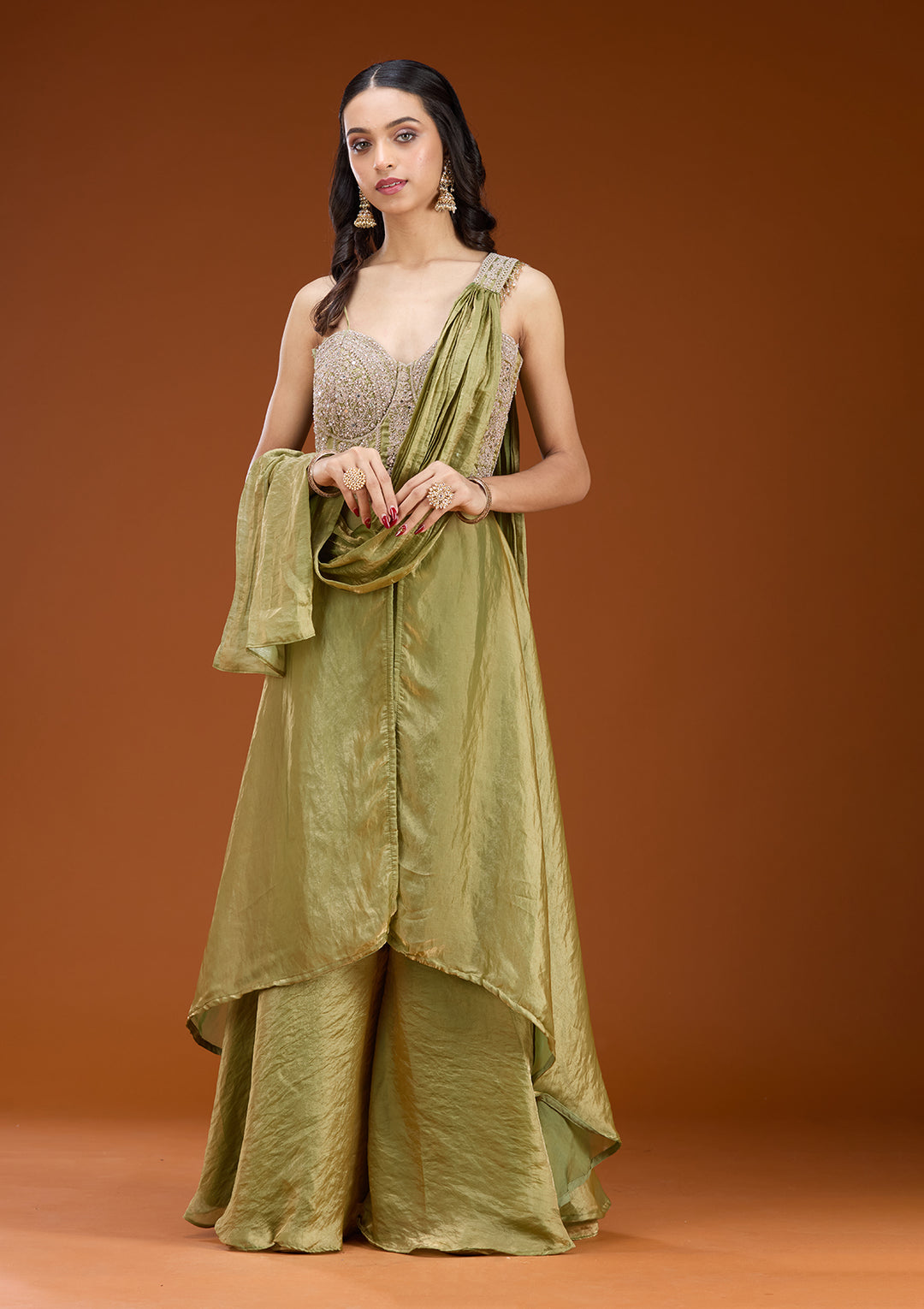 Mehandi Green Satin Gold Zariwork High Low Kurta With Sharara And Dupatta