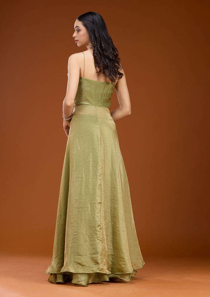 Mehandi Green Satin Gold Zariwork High Low Kurta With Sharara And Dupatta