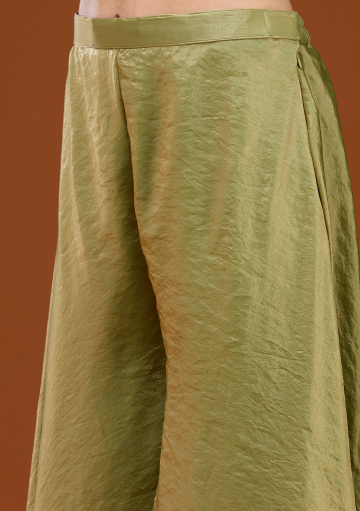 Mehandi Green Satin Gold Zariwork High Low Kurta With Sharara And Dupatta