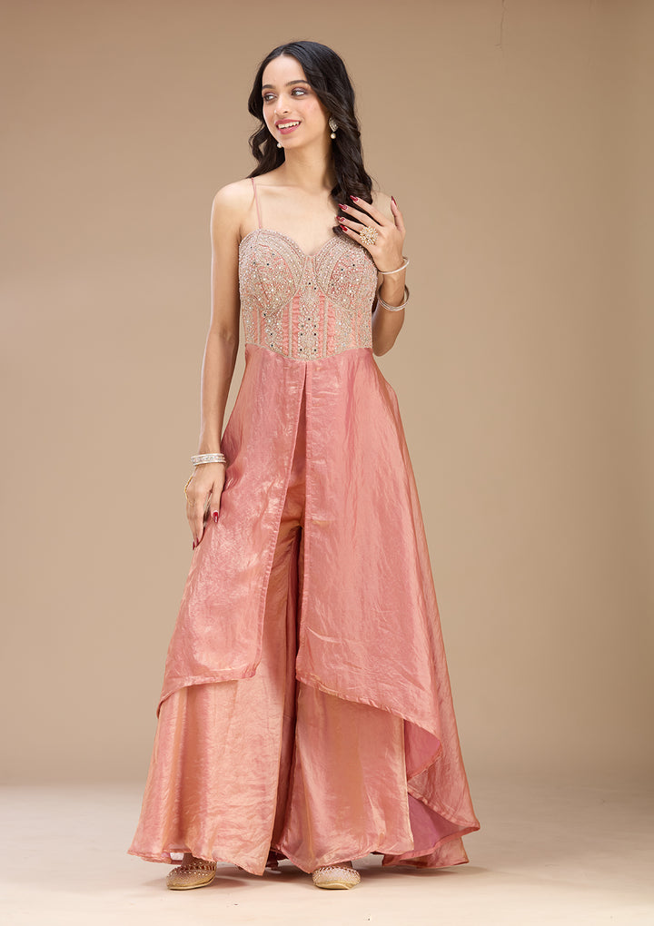 Onion Pink Satin Gold Zariwork High Low Kurta With Sharara And Dupatta