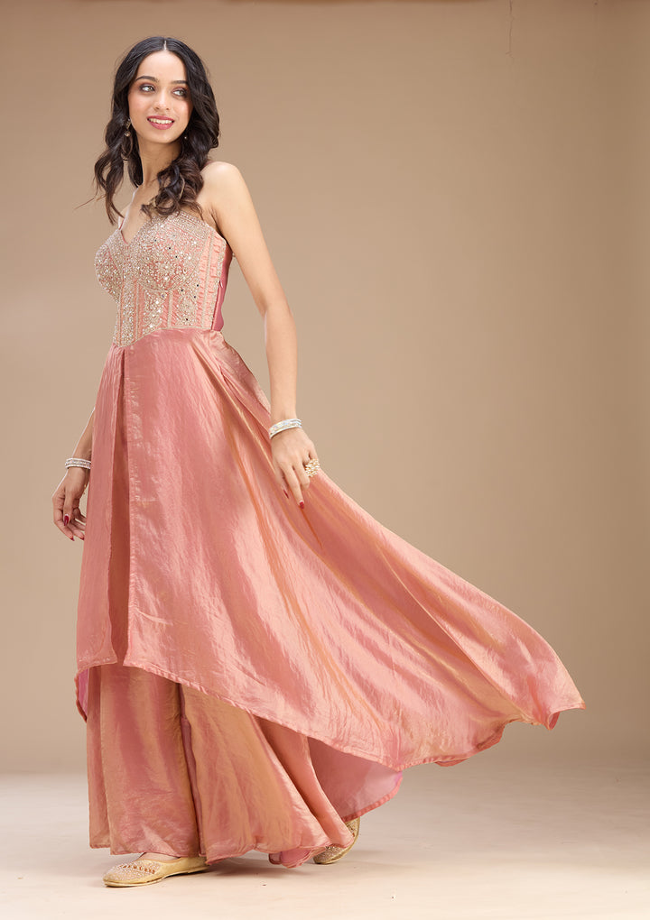 Onion Pink Satin Gold Zariwork High Low Kurta With Sharara And Dupatta