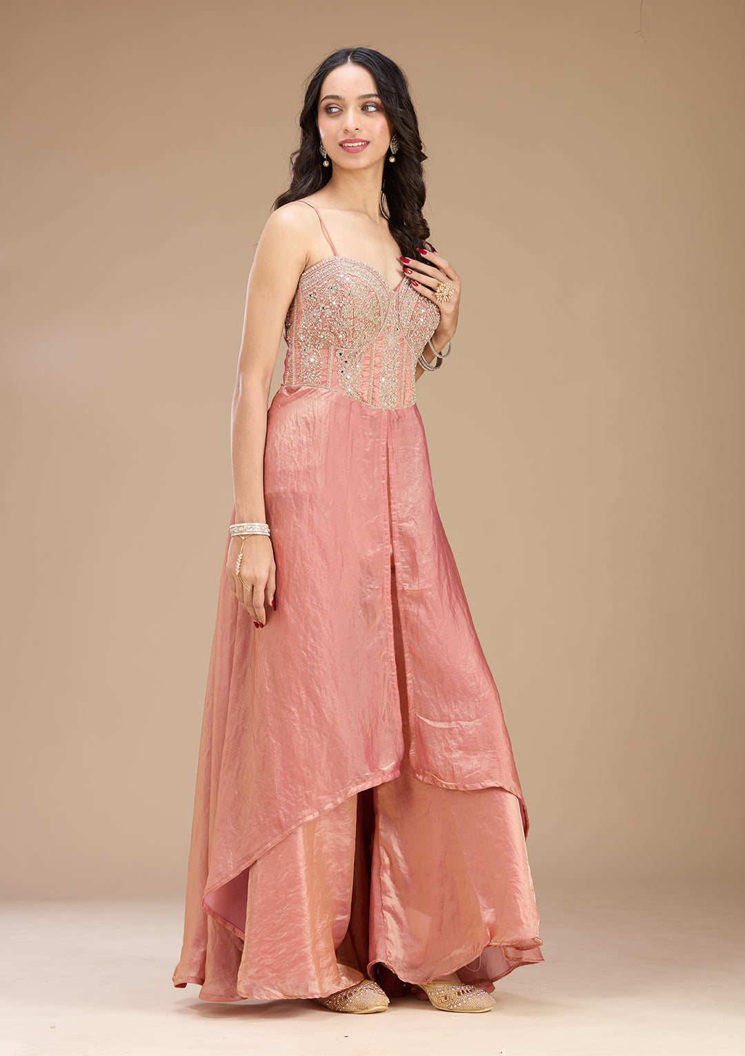 Onion Pink Satin Gold Zariwork High Low Kurta With Sharara And Dupatta