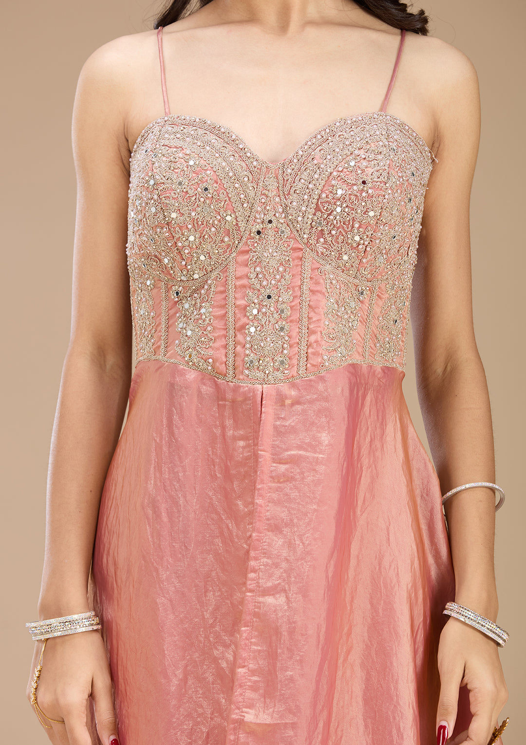 Onion Pink Satin Gold Zariwork High Low Kurta With Sharara And Dupatta