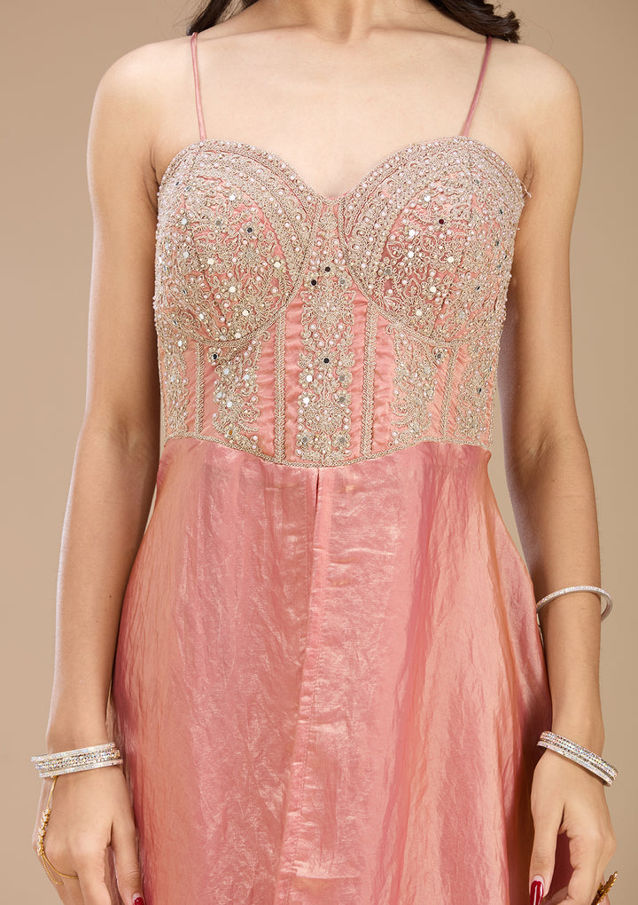 Onion Pink Satin Gold Zariwork High Low Kurta With Sharara And Dupatta