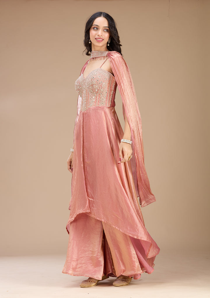 Onion Pink Satin Gold Zariwork High Low Kurta With Sharara And Dupatta