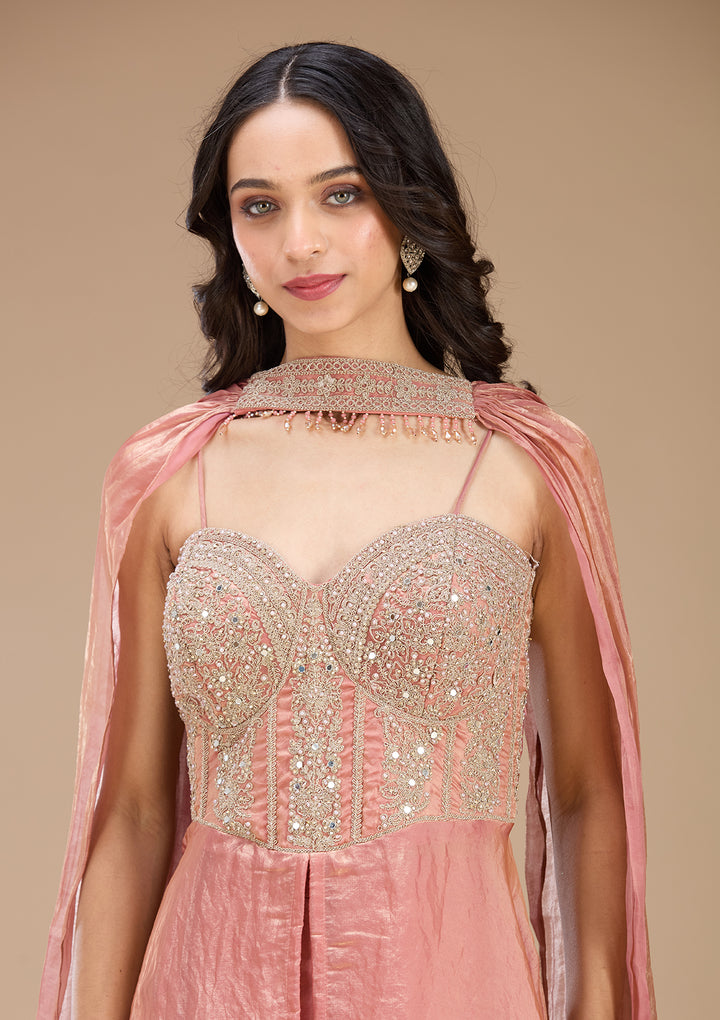 Onion Pink Satin Gold Zariwork High Low Kurta With Sharara And Dupatta