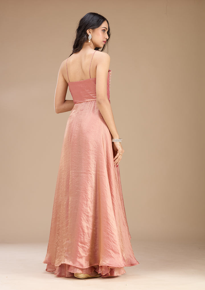 Onion Pink Satin Gold Zariwork High Low Kurta With Sharara And Dupatta