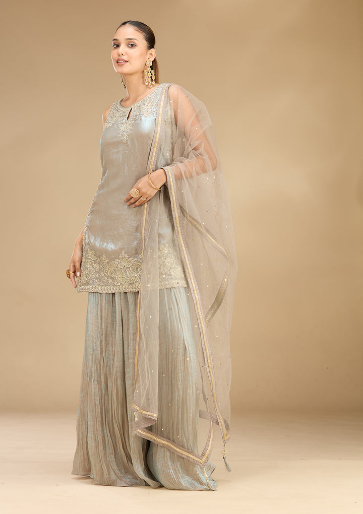 Light Grey Tissue Cutdana Straight Kurta With Palazzo And Dupatta