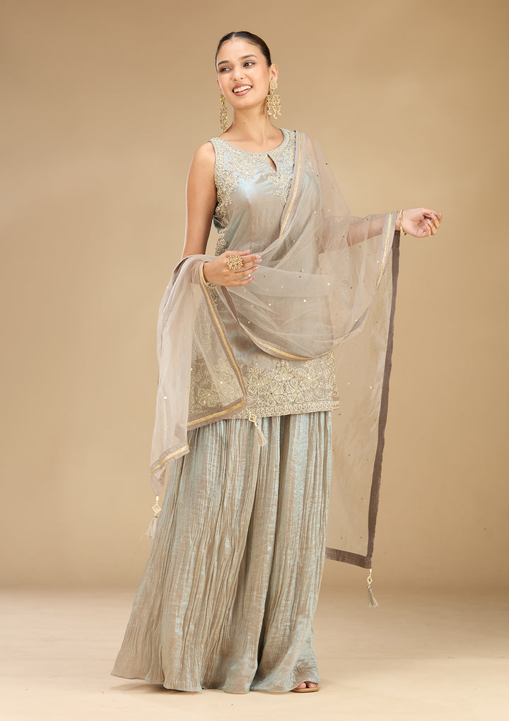 Light Grey Tissue Cutdana Straight Kurta With Palazzo And Dupatta