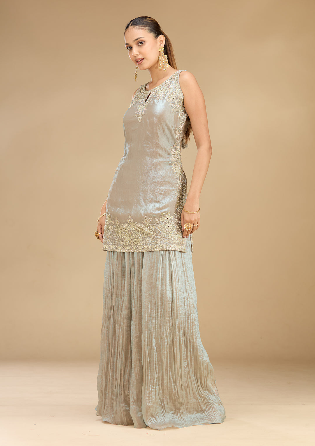 Light Grey Tissue Cutdana Straight Kurta With Palazzo And Dupatta