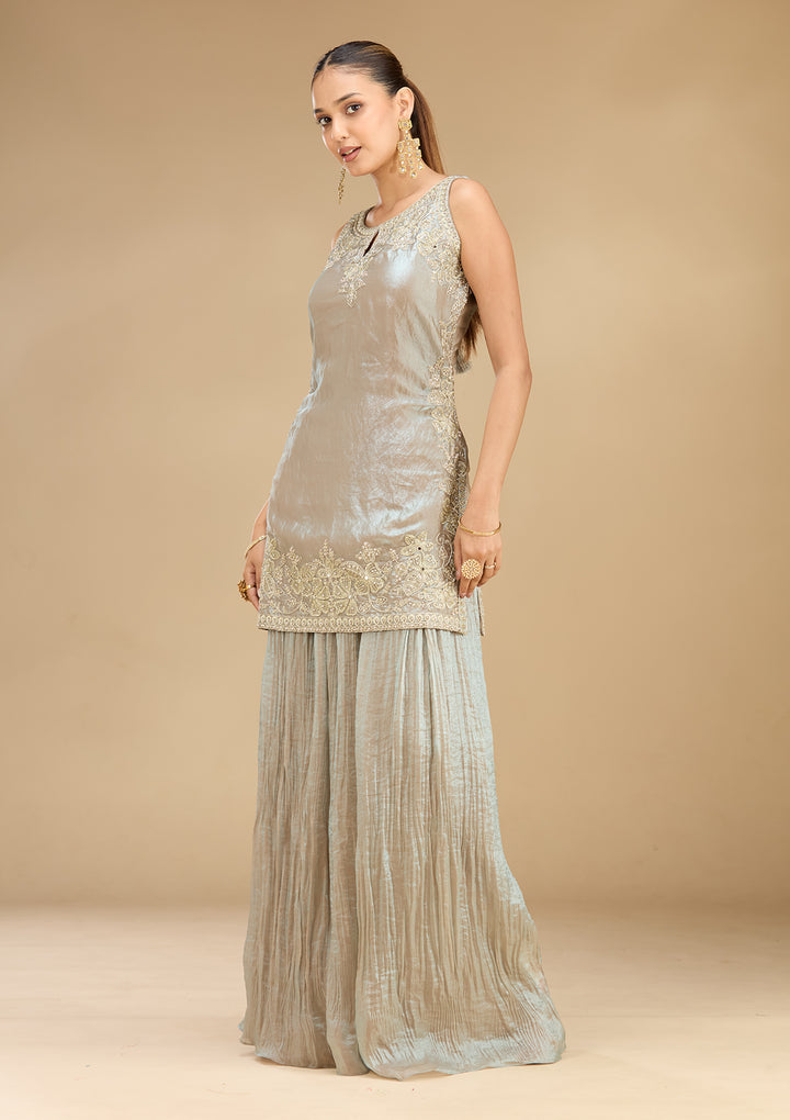 Light Grey Tissue Cutdana Straight Kurta With Palazzo And Dupatta