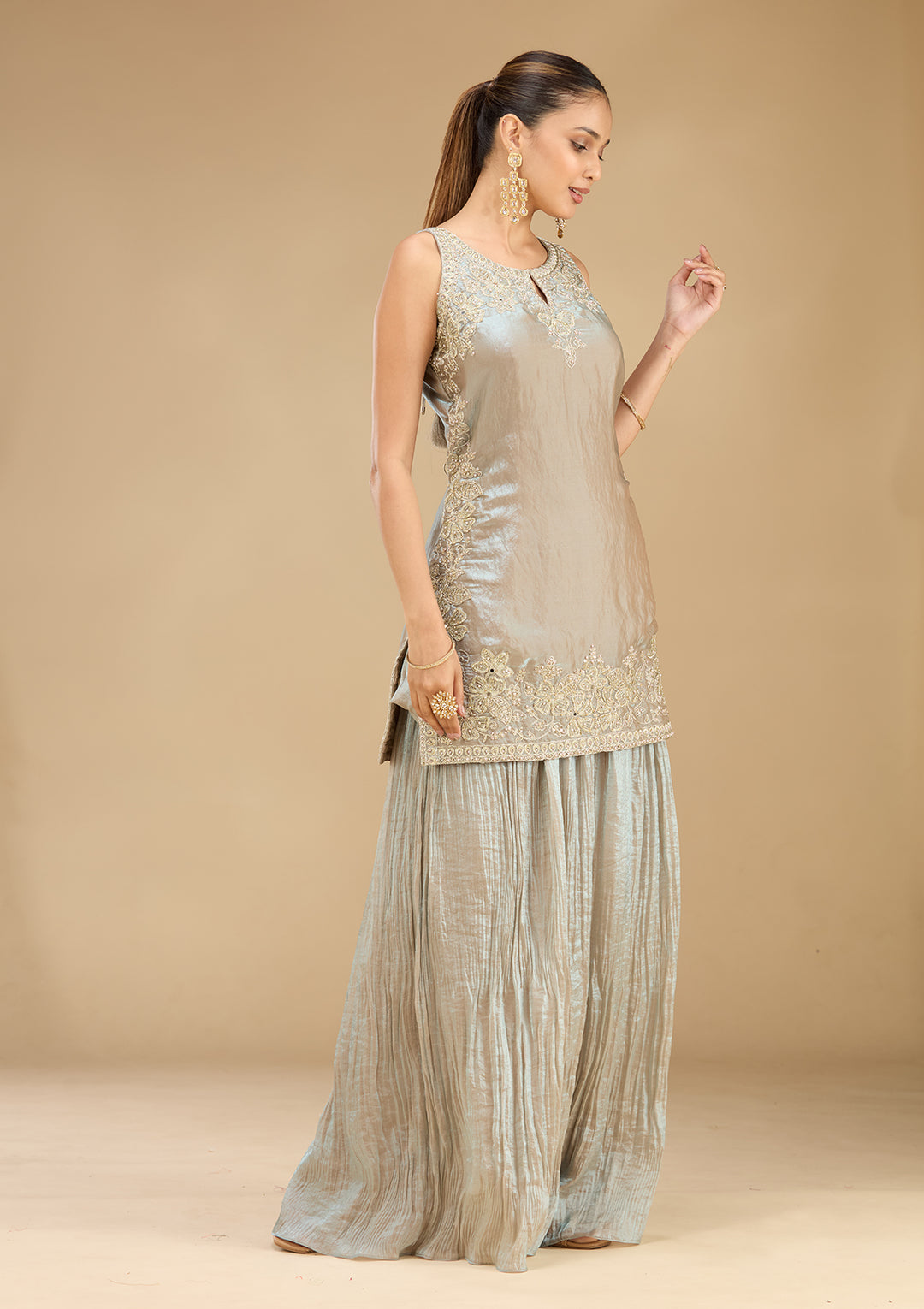 Light Grey Tissue Cutdana Straight Kurta With Palazzo And Dupatta