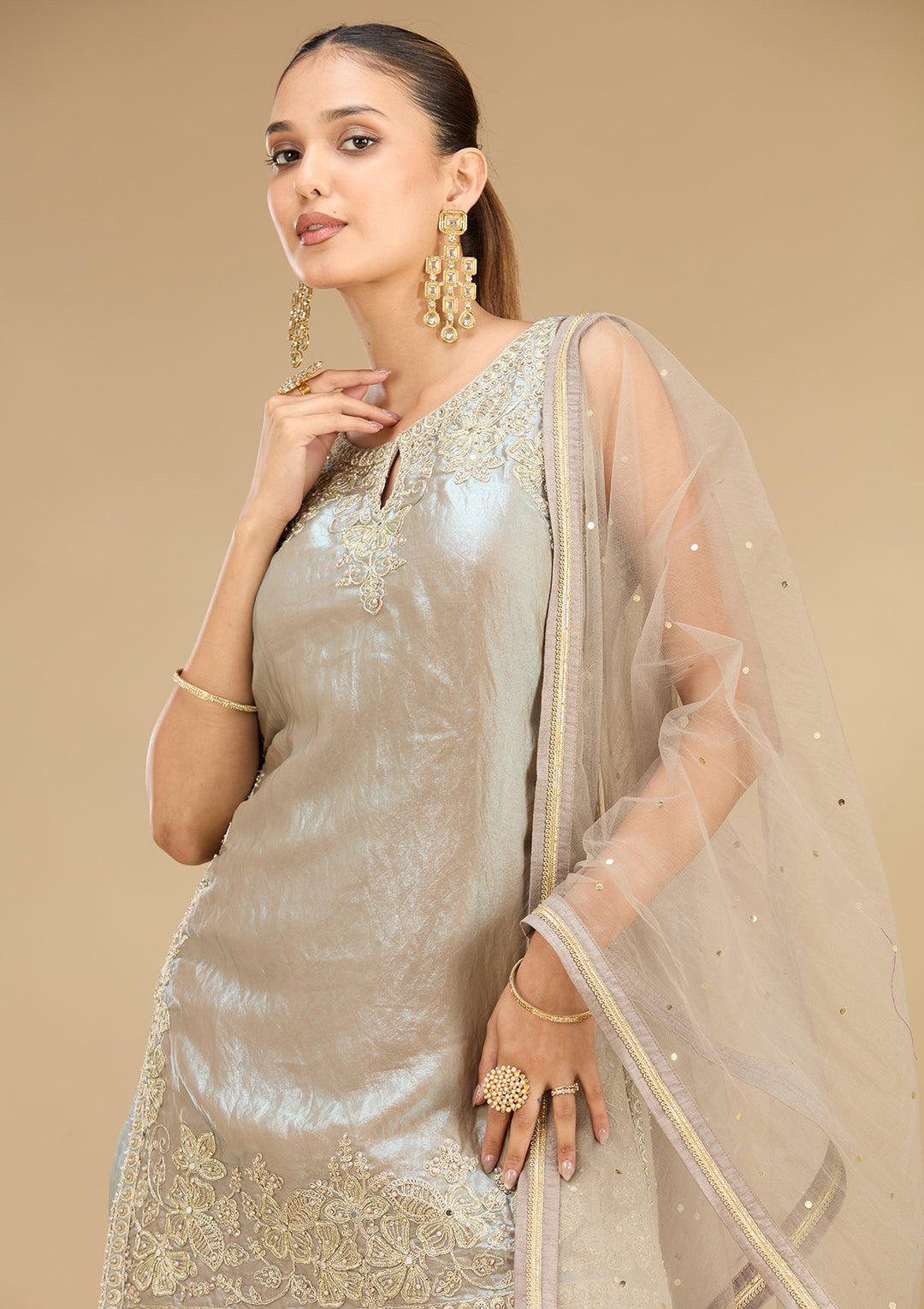 Light Grey Tissue Cutdana Straight Kurta With Palazzo And Dupatta