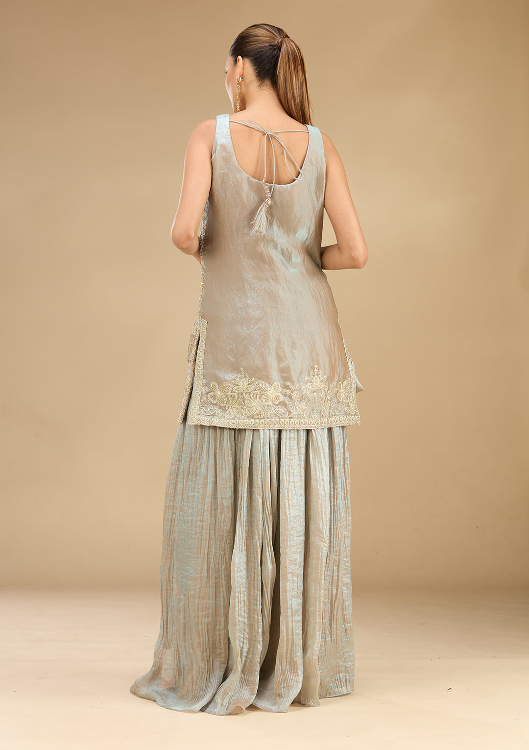 Light Grey Tissue Cutdana Straight Kurta With Palazzo And Dupatta