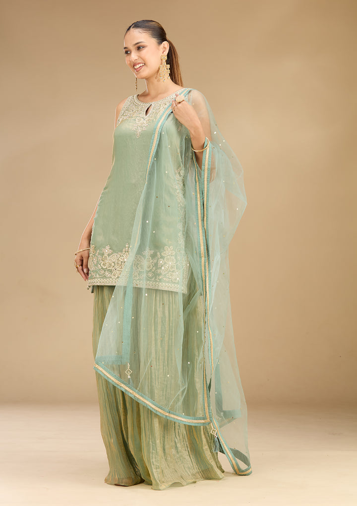 Sea Green Tissue Cutdana Straight Kurta With Sharara And Dupatta