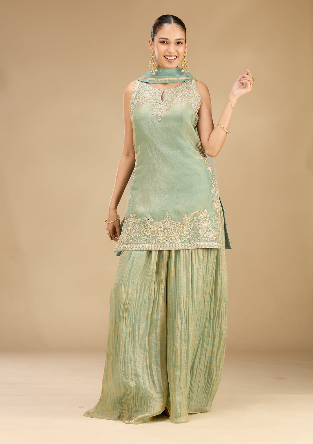 Sea Green Tissue Cutdana Straight Kurta With Sharara And Dupatta