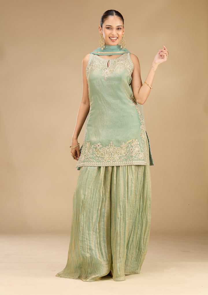 Sea Green Tissue Cutdana Straight Kurta With Sharara And Dupatta