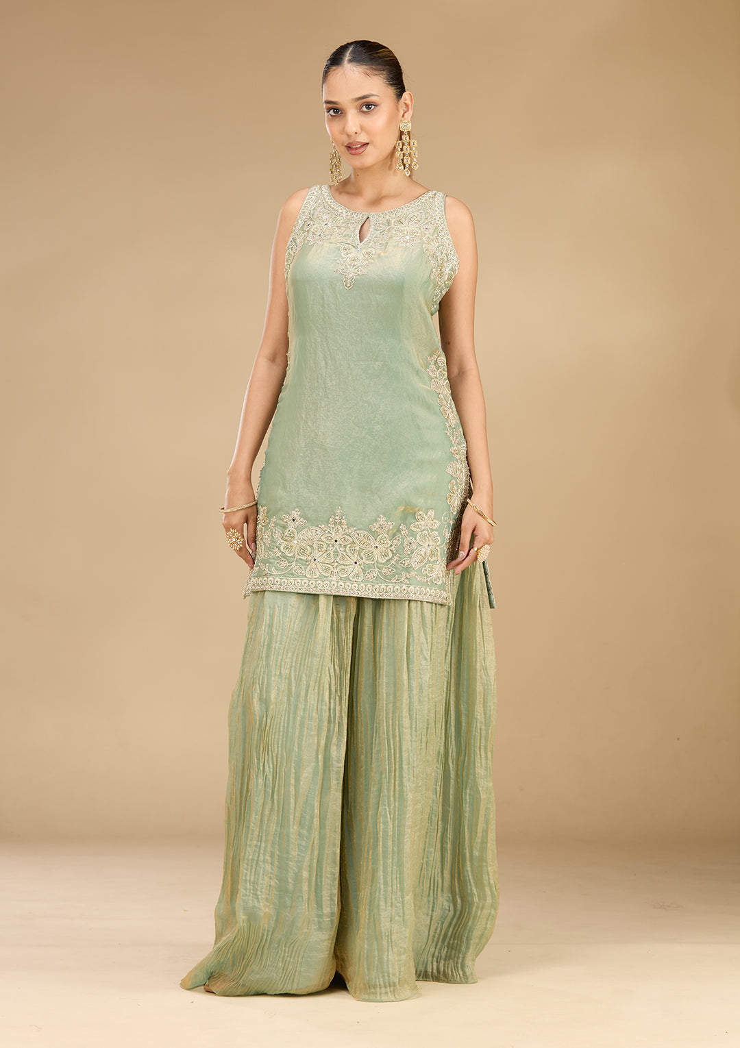 Sea Green Tissue Cutdana Straight Kurta With Sharara And Dupatta