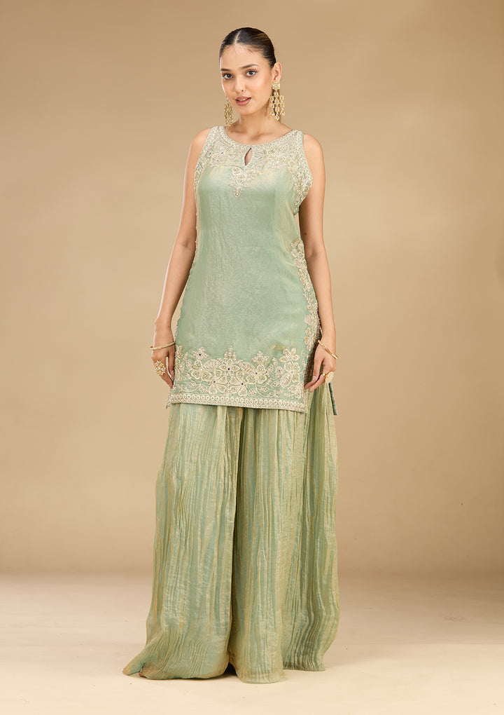 Sea Green Tissue Cutdana Straight Kurta With Sharara And Dupatta