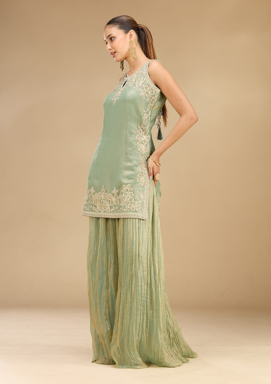 Sea Green Tissue Cutdana Straight Kurta With Sharara And Dupatta
