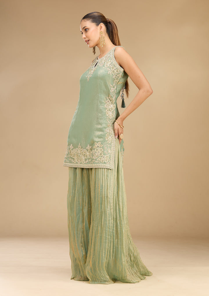 Sea Green Tissue Cutdana Straight Kurta With Sharara And Dupatta