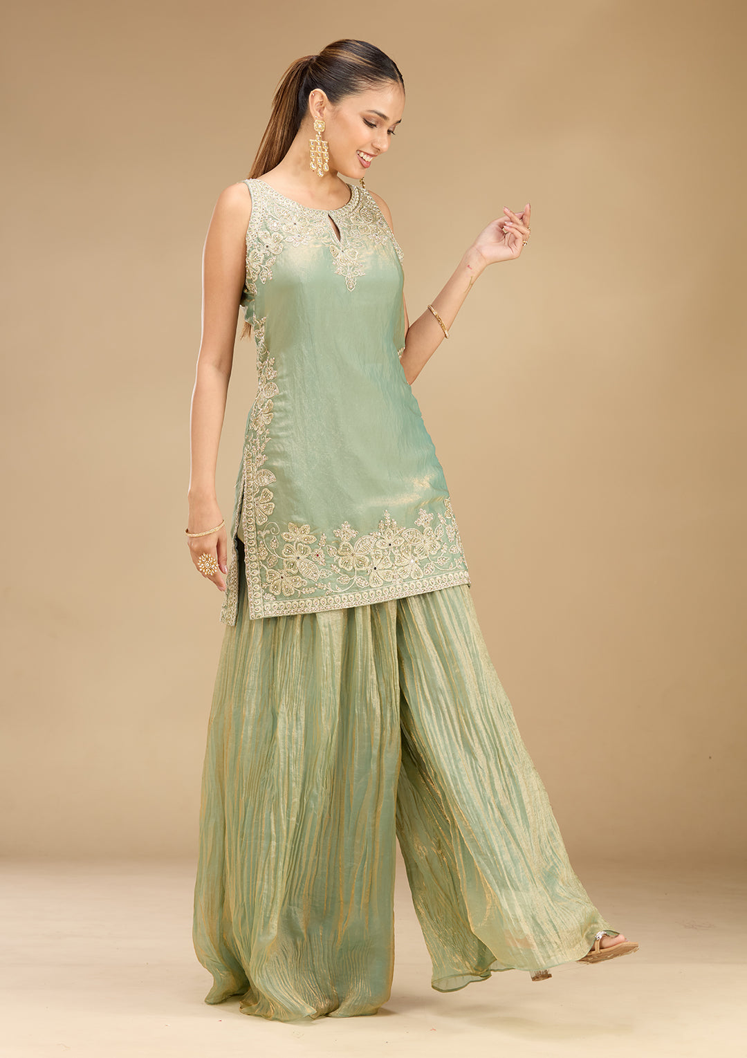 Sea Green Tissue Cutdana Straight Kurta With Sharara And Dupatta