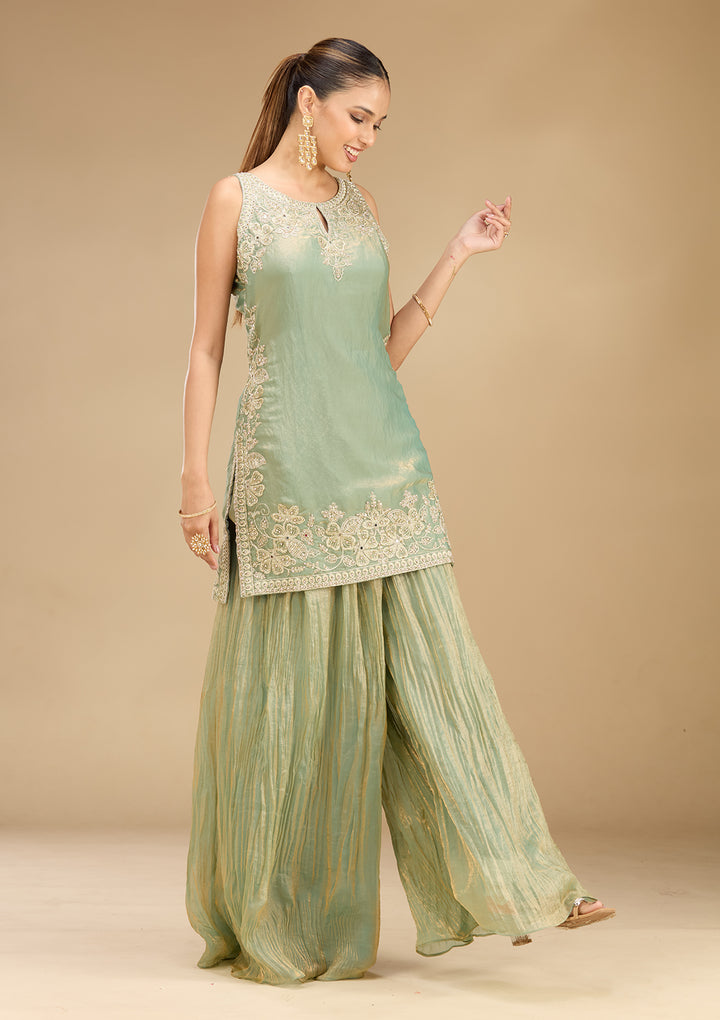 Sea Green Tissue Cutdana Straight Kurta With Sharara And Dupatta