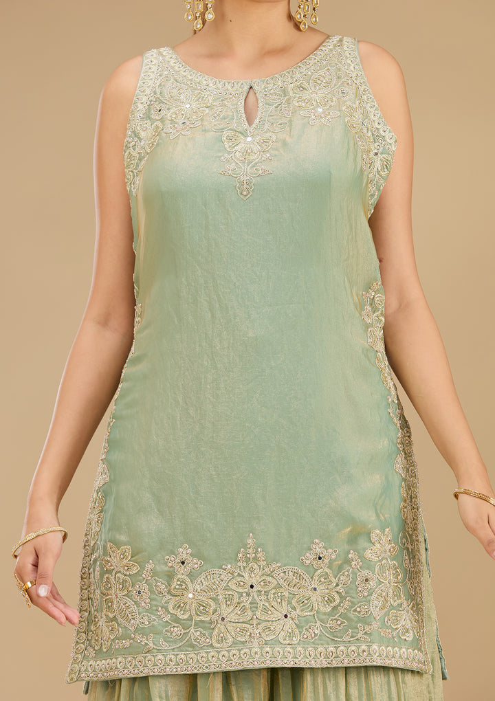 Sea Green Tissue Cutdana Straight Kurta With Sharara And Dupatta