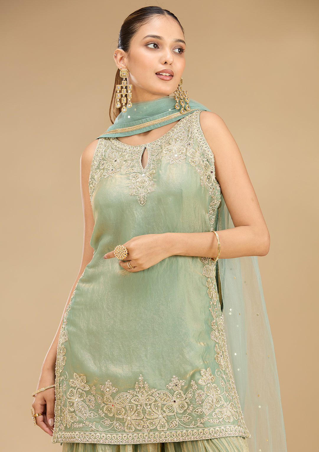 Sea Green Tissue Cutdana Straight Kurta With Sharara And Dupatta