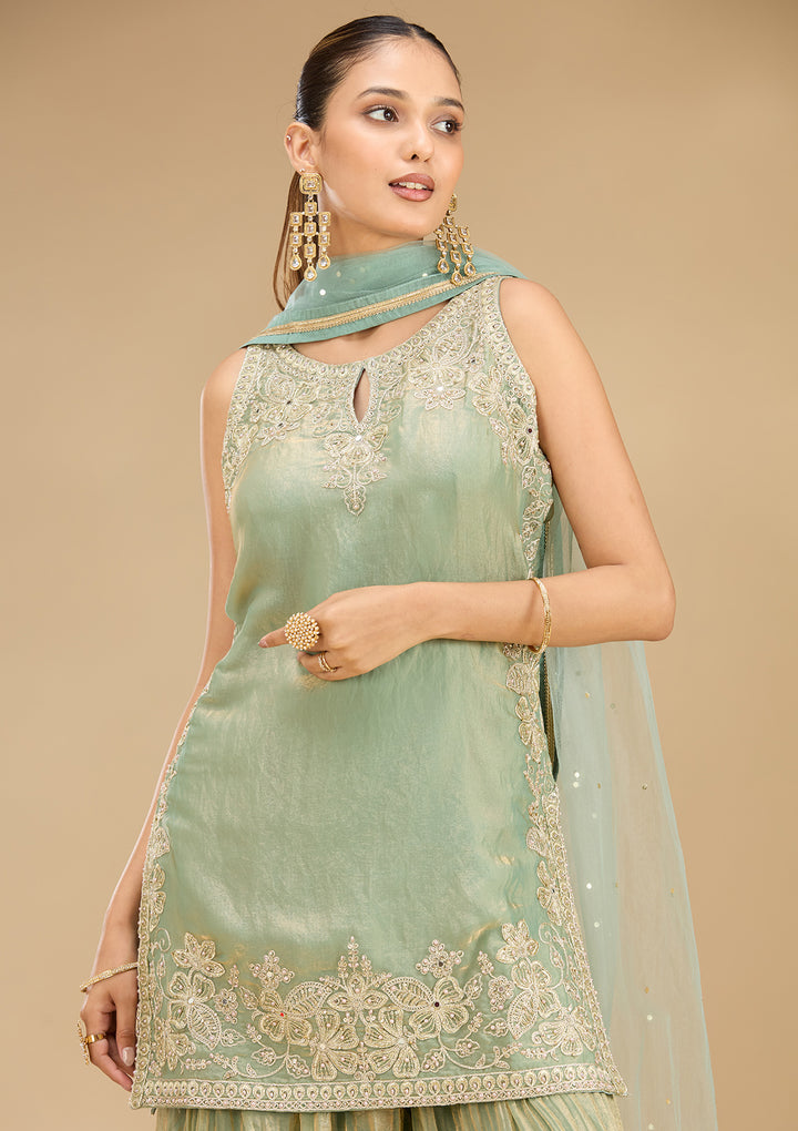 Sea Green Tissue Cutdana Straight Kurta With Sharara And Dupatta