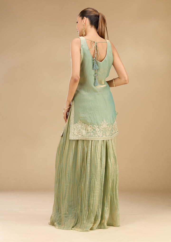 Sea Green Tissue Cutdana Straight Kurta With Sharara And Dupatta