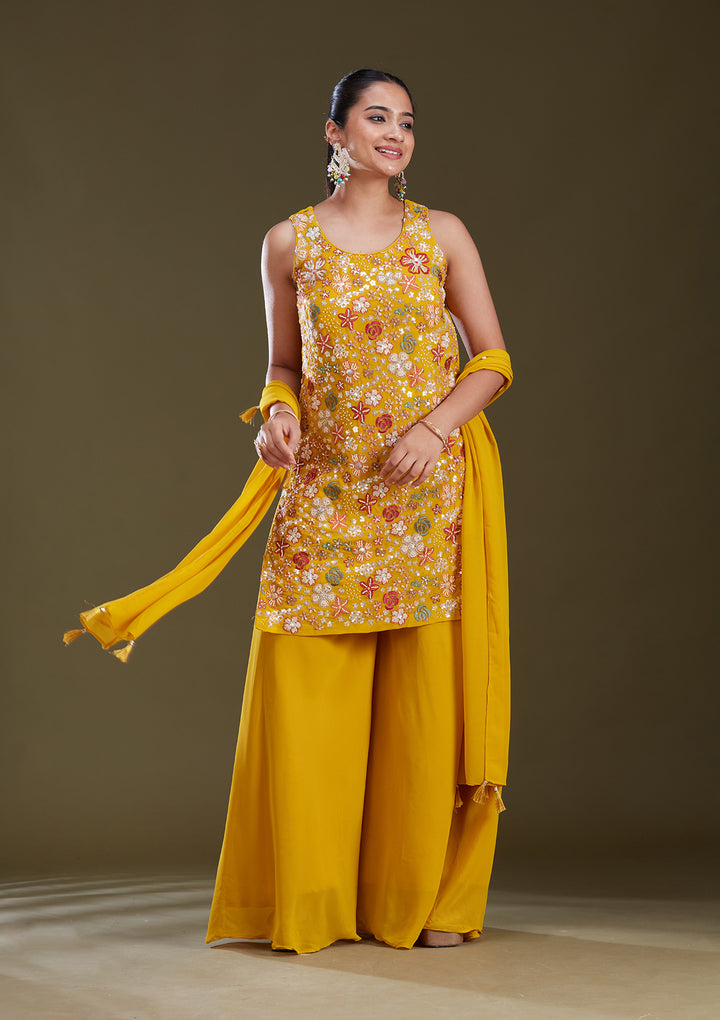 Mustard Yellow Threadwork Georgette Readymade Salwar Suit
