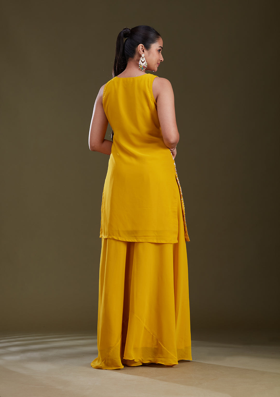 Mustard Yellow Threadwork Georgette Readymade Salwar Suit