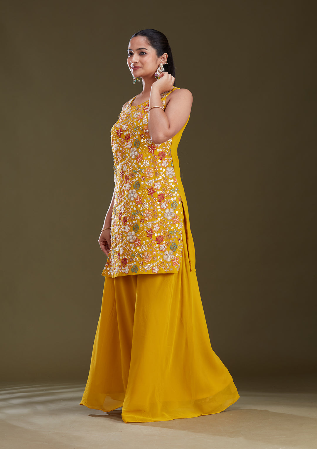 Mustard Yellow Threadwork Georgette Readymade Salwar Suit