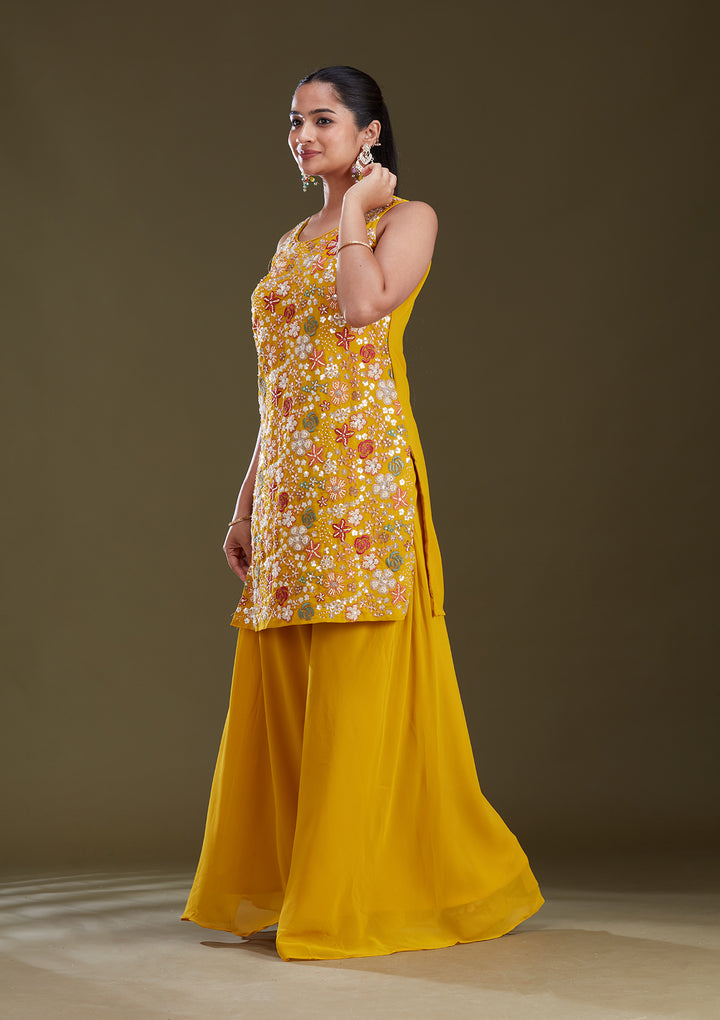 Mustard Yellow Threadwork Georgette Readymade Salwar Suit