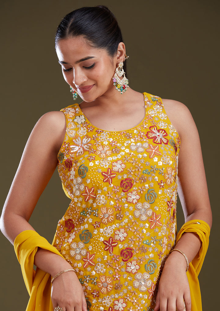 Mustard Yellow Threadwork Georgette Readymade Salwar Suit