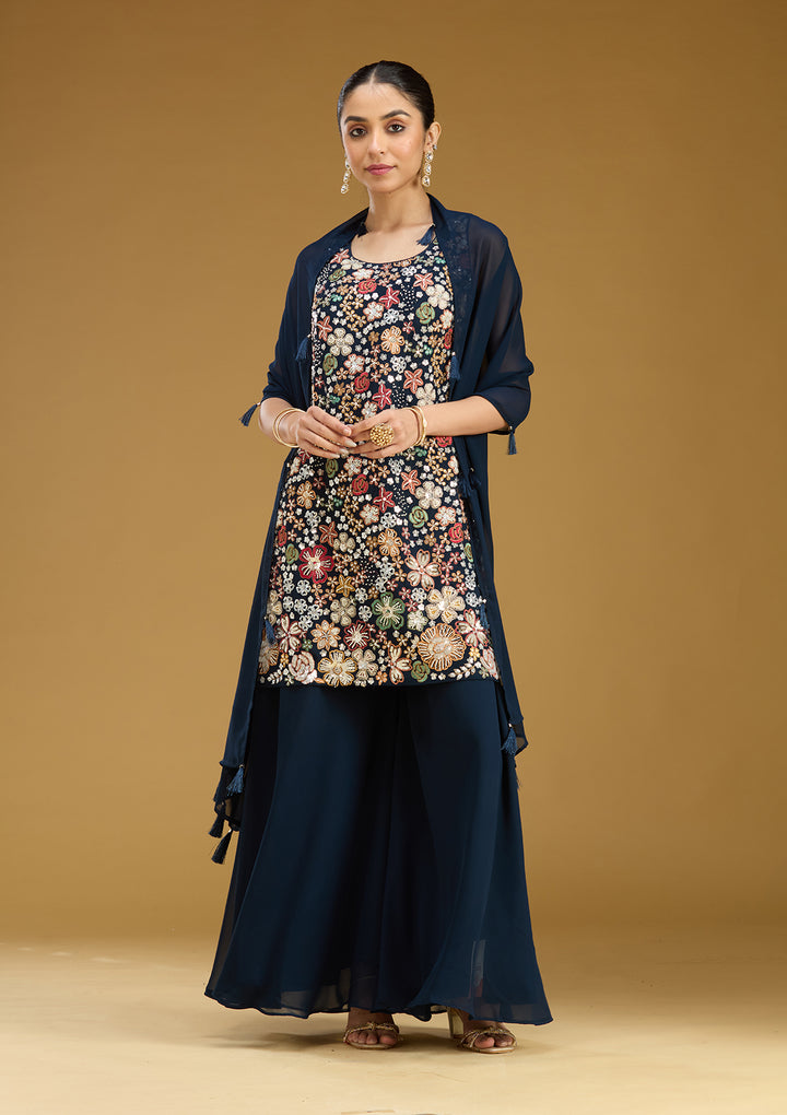 Navy Blue Threadwork Georgette Readymade Salwar Suit
