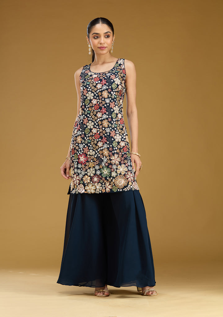 Navy Blue Threadwork Georgette Readymade Salwar Suit