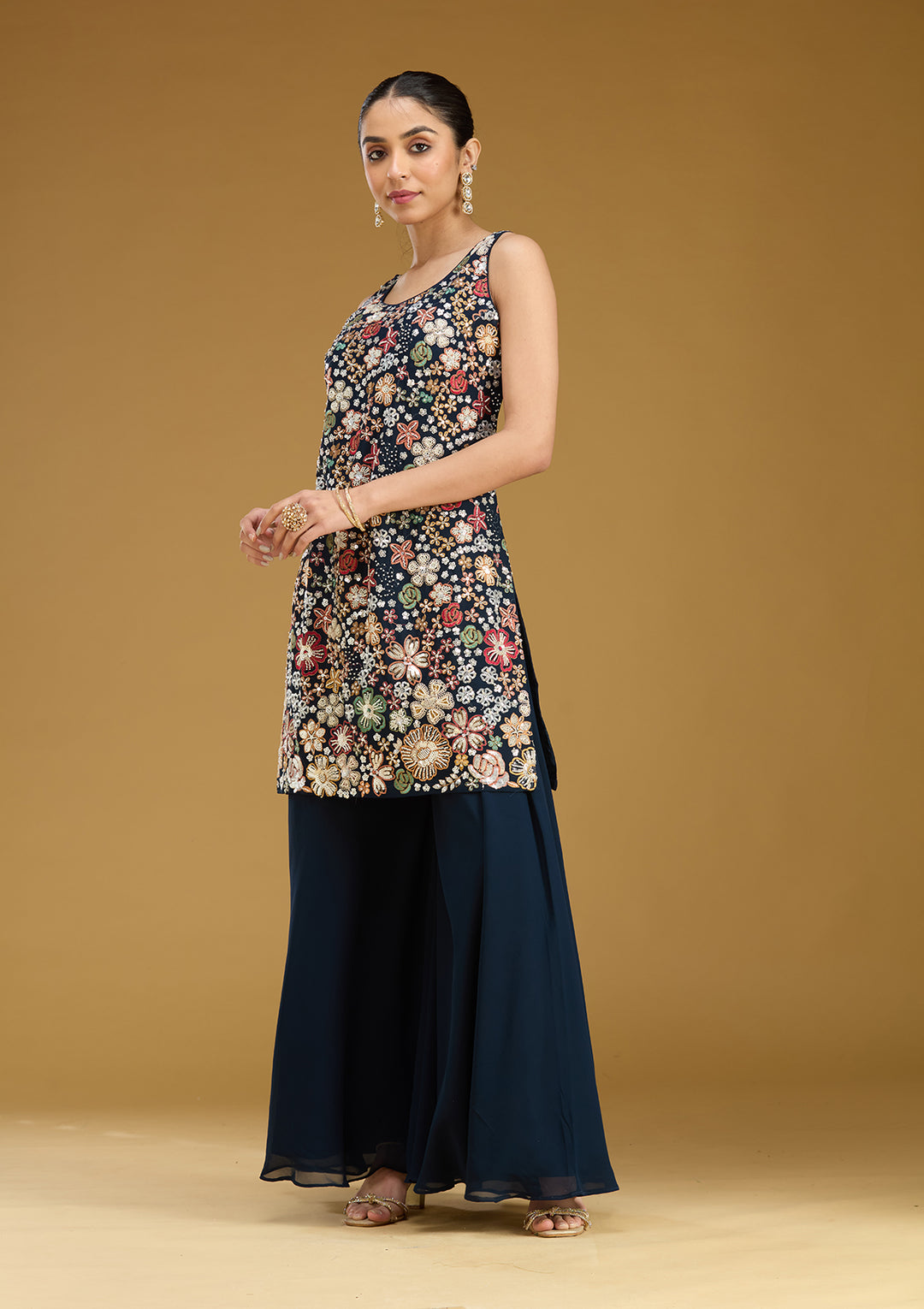 Navy Blue Threadwork Georgette Readymade Salwar Suit