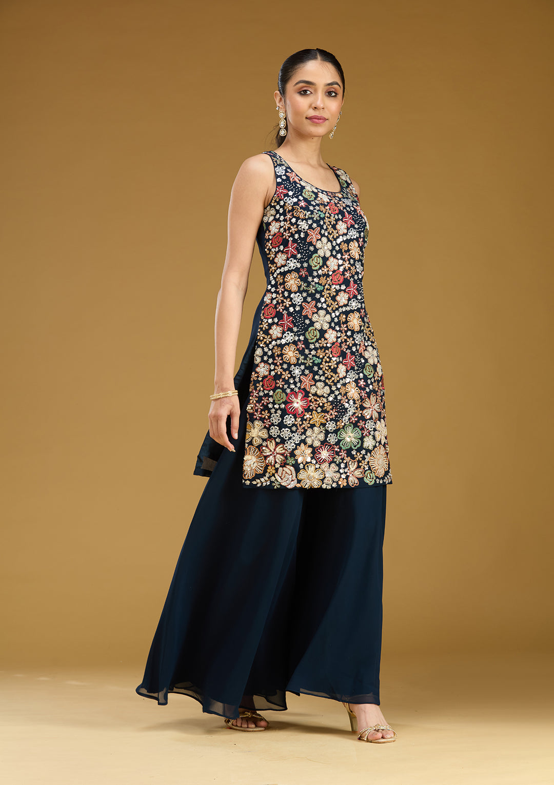 Navy Blue Threadwork Georgette Readymade Salwar Suit