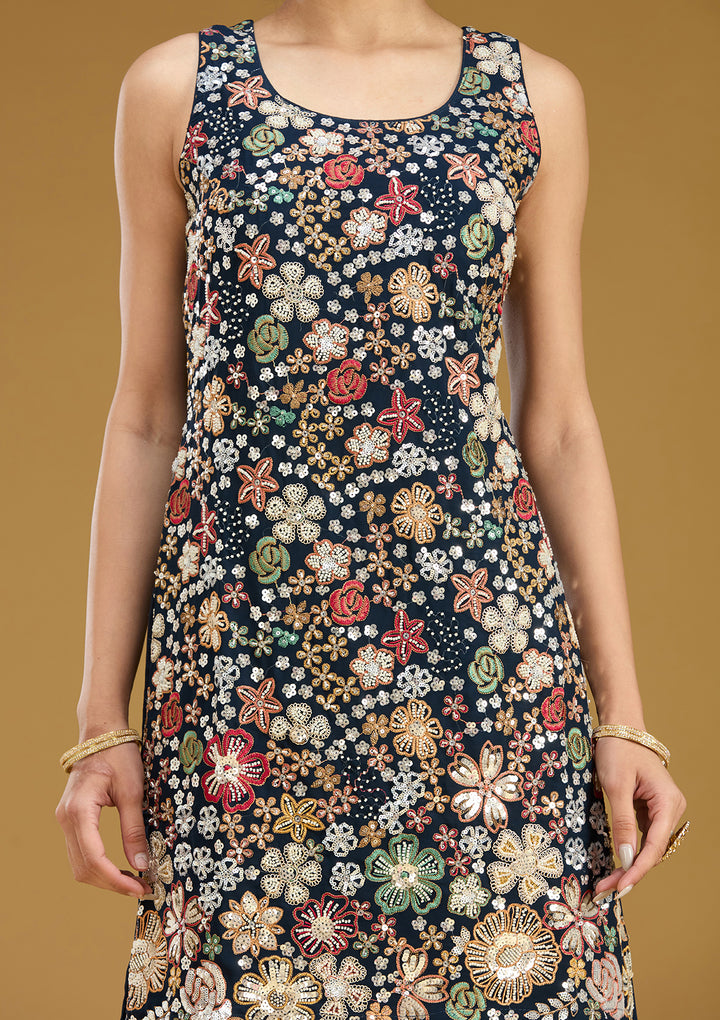 Navy Blue Threadwork Georgette Readymade Salwar Suit