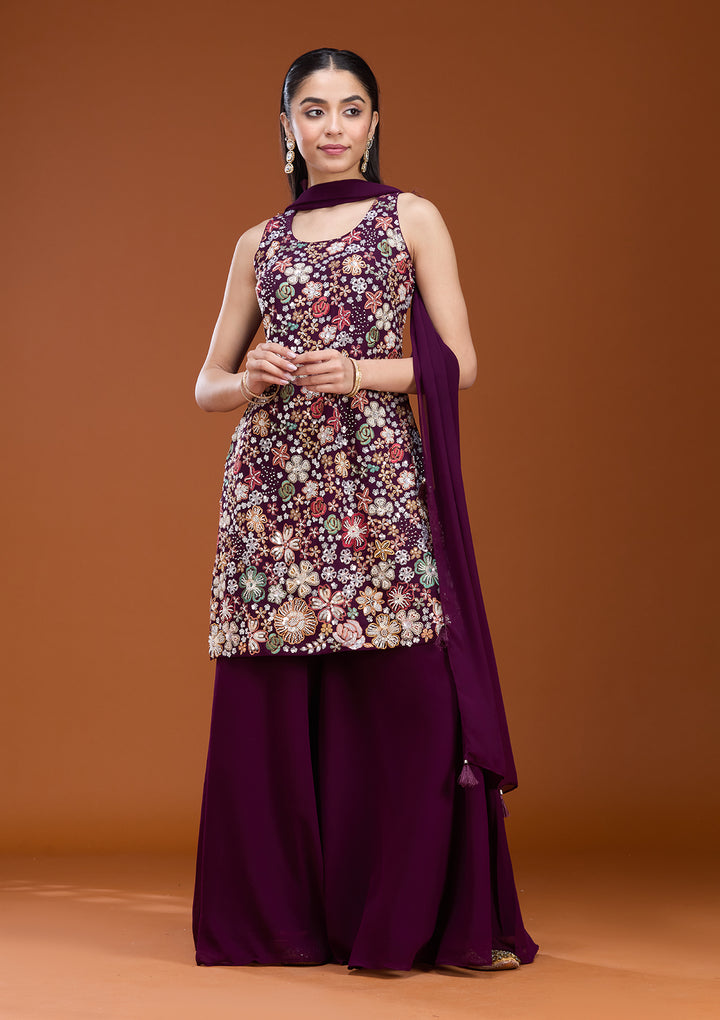 Wine Threadwork Georgette Readymade Salwar Suit